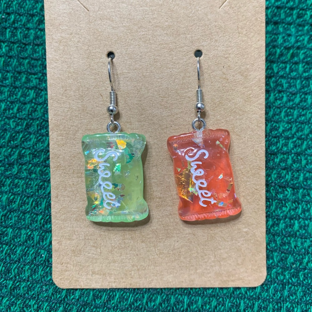 Pink and green candy bag earrings